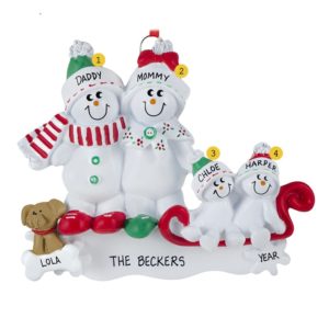 Image of Snow Family Of 4 +1 DOG On Sled Personalized Ornament