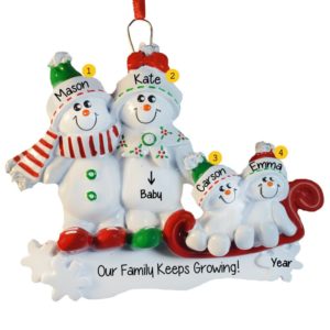Expecting Snow Couple With Two Kids On Sled Ornament
