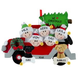 Image of Car Family Of 5 With 2 DOGS Personalized Ornament