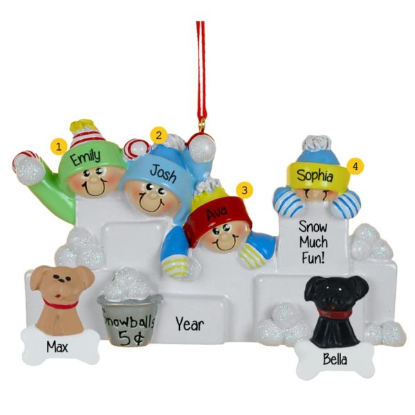 Family Of 4 + 2 DOGS Throwing Snowballs Glittered Ornament