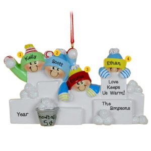 Personalized Family Of 4 Having Snowball Fight Ornament