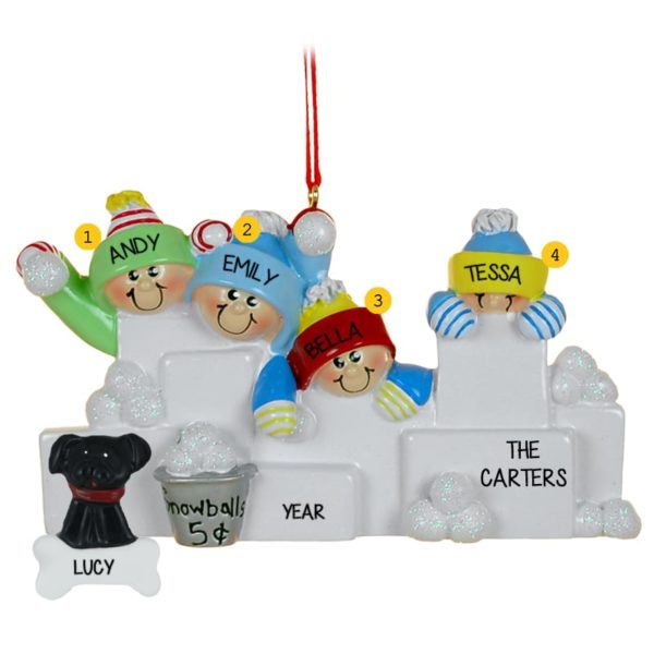 Family Of 4 With DOG Throwing Snowballs Glittered Ornament