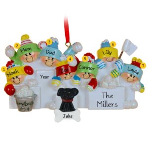 Family Or Group of 7 + DOG Throwing Snowballs Ornament