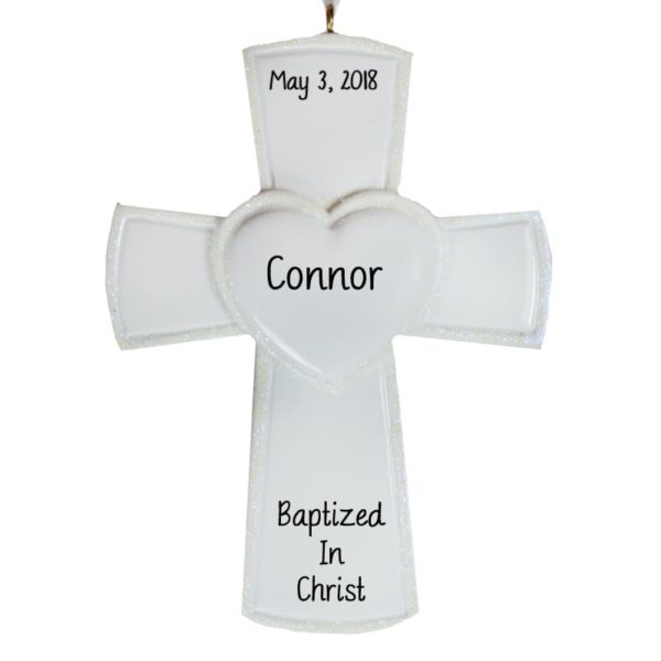 Baptism WHITE Cross Glittered Heart Ornament