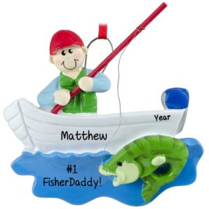 Dad Fishing In Boat Holding Rod Catching Fish Ornament