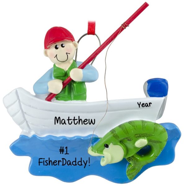 Image of Dad Fishing In Boat Holding Rod Catching Fish Ornament