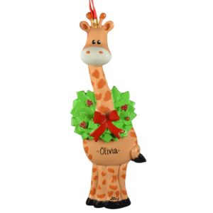 Personalized Giraffe With Christmas Wreath Glittered Ornament
