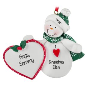 Personalized I Love Grandma Snowman Holding Heart Ornament