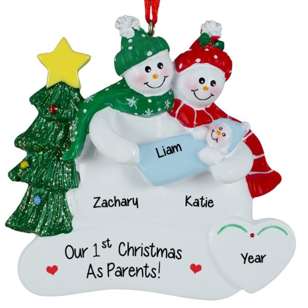 1st Christmas As Parents Snow Couple Holding Baby BOY Ornament