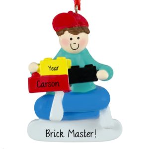 Image of Personalized Boy Holding Legos Ornament BROWN Hair