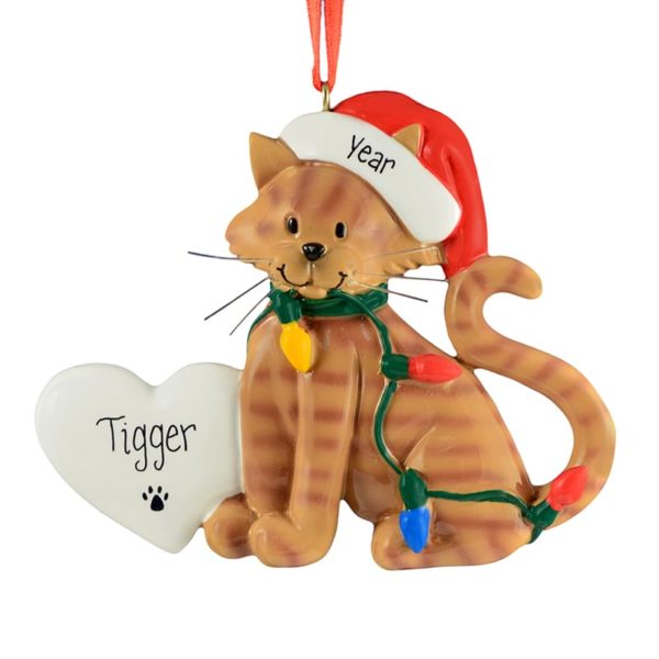 TAN TABBY Cat Wearing Santa Hat & Lights Resin Ornament