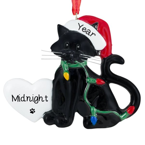 BLACK Cat Wearing Santa Hat & Lights Resin Ornament