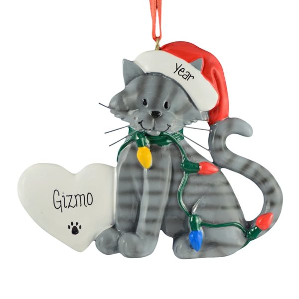 GRAY TABBY Cat Wearing Santa Hat & Lights Resin Ornament