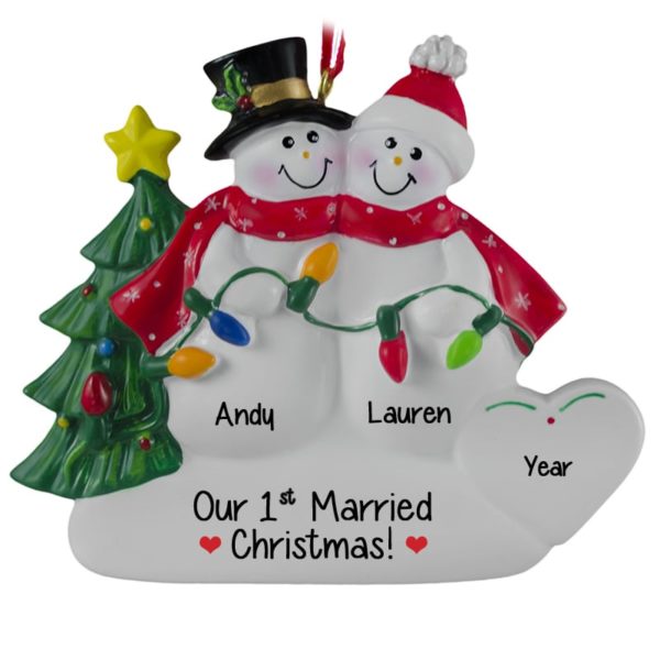 Image of Our 1st Married Christmas Snow Couple Holding Lights Ornament