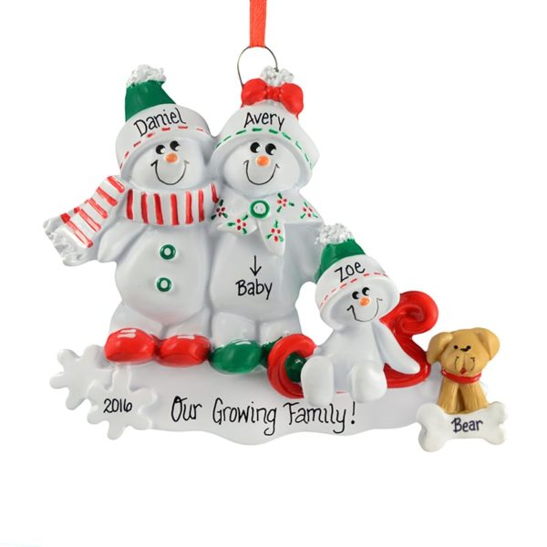 Expecting Couple With Child & DOG On Sled Ornament