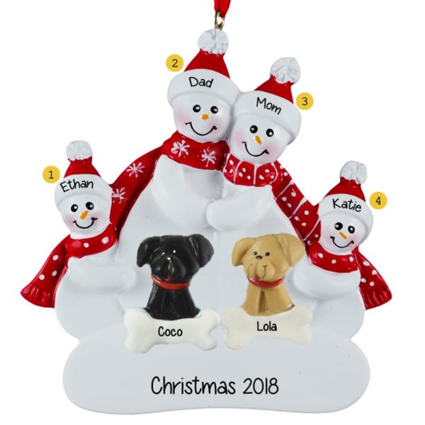 Image of Snow Family Of 4 With 2 DOGS Christmas Ornament