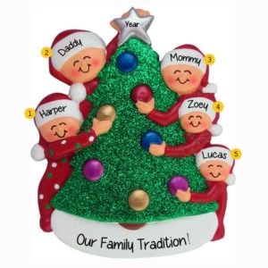 Family Of 5 Decorating Christmas Tree Glittered Ornament