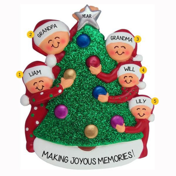 Grandparents + 3 Grandchildren Decorating Glittered Christmas Tree Ornament