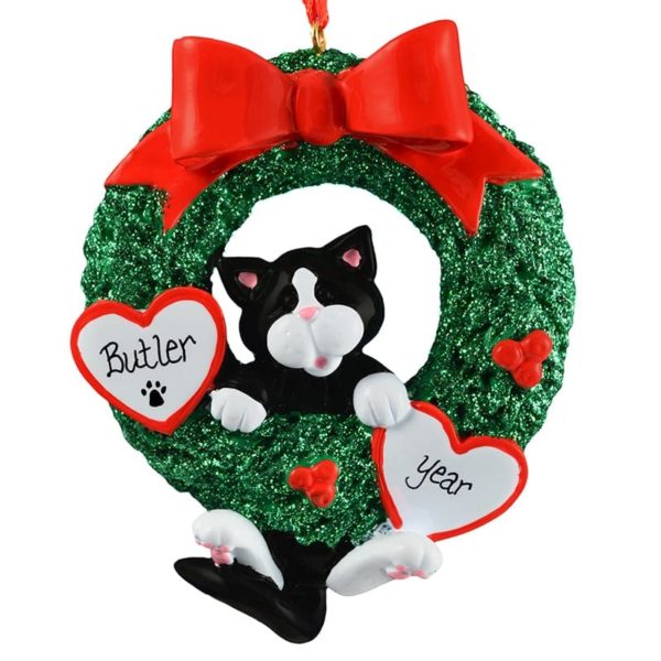 Personalized Tuxedo Cat In Glittered Wreath Ornament