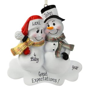 Pregnant Snow Couple Plaid Scarves Ornament