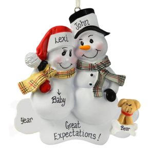 Expecting Snow Couple + DOG Personalized Ornament