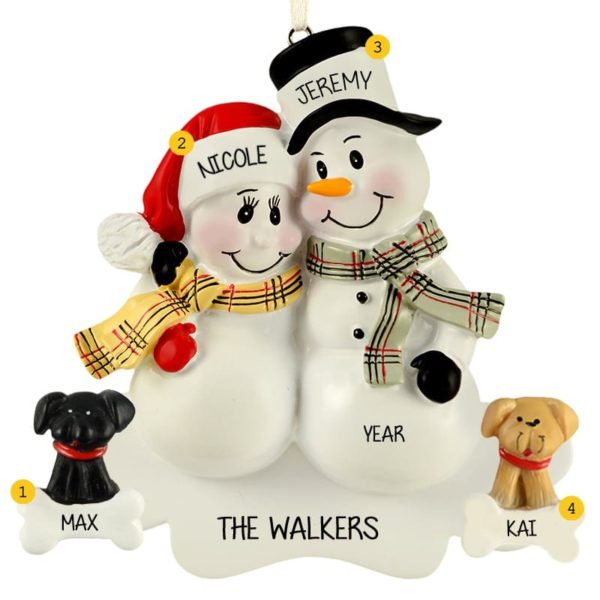 Image of Snow Couple With 2 DOGS Personalized Ornament