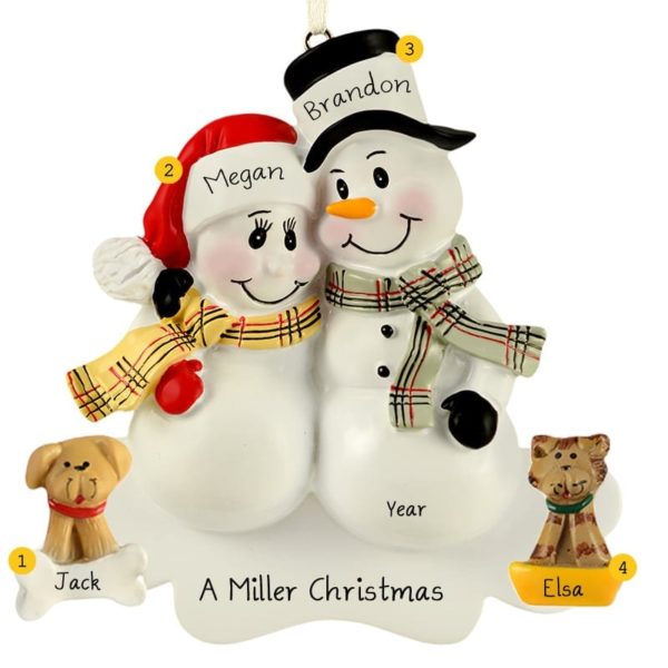 Snow Couple + DOG + CAT Personalized Christmas Ornament