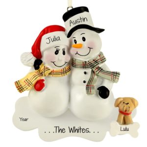 Personalized Snow Couple + DOG Plaid Scarves Ornament