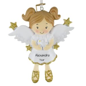 GIRL Angel With Dove Gold Glittered Stars Ornament