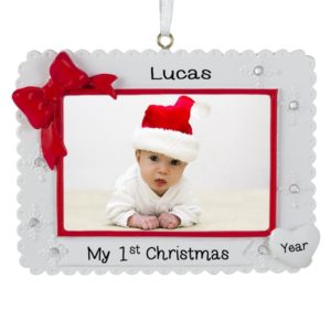 Image of Baby's 1ST Christmas RED & WHITE Scalloped Photo Frame Ornament