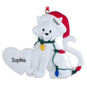 Personalized WHITE Cat Christmas Lights & Heart Ornament