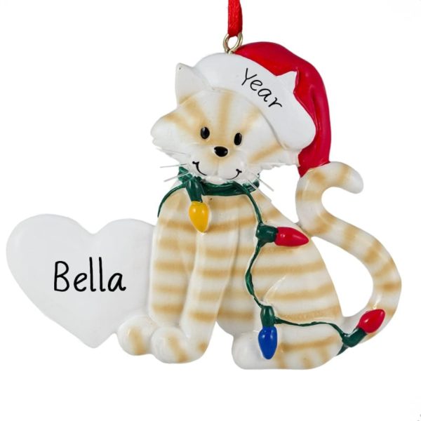 Personalized WHITE & ORANGE Cat Christmas Lights & Heart Ornament