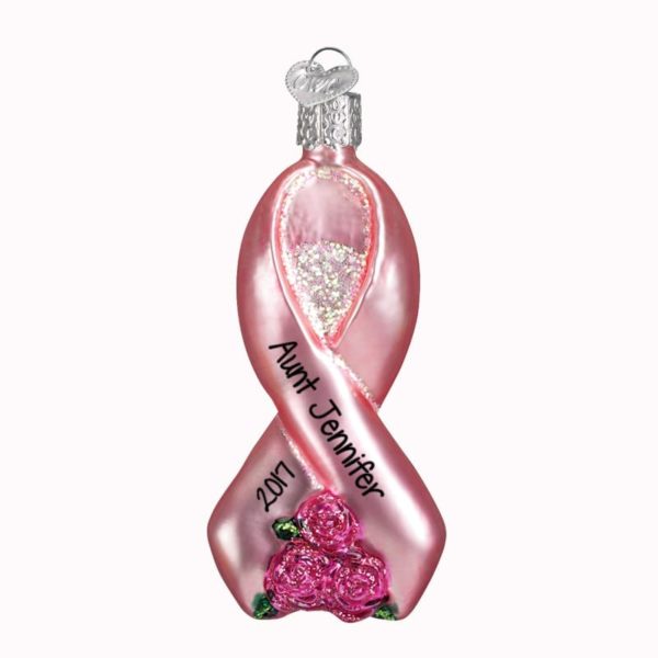 Personalized PINK Ribbon With Roses Glittered Glass Ornament