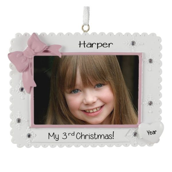 Image of Little Girl's 3RD Christmas Photo Fram PINK Bow Ornament