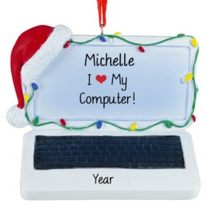 Personalized Laptop Computer Christmas Lights & Santa Hat Ornament