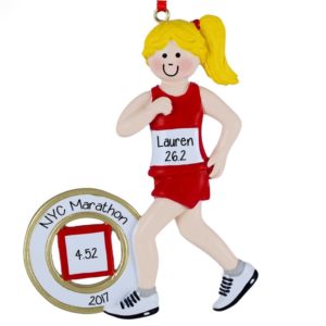 Personalized Marathon Runner FEMALE Red Shorts Ornament BLONDE