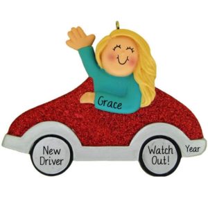 Personalized New Driver BLONDE Girl In RED Car Ornament