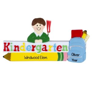 Kindergarten Boy With Backpack Personalized Ornament BROWN HAIR