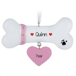 Personalized Dog Bone PINK Dangling Heart Ornament