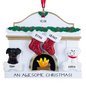 Personalized Gay / Lesbian Couple 2 Dogs White Fireplace Ornament