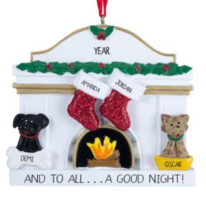 Image of Personalized Gay / Lesbian Couple Cat + Dog White Fireplace Ornament