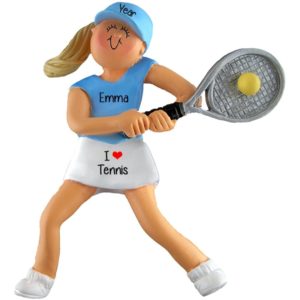 Female Tennis Player Holding Raquet + Ball Ornament BLONDE