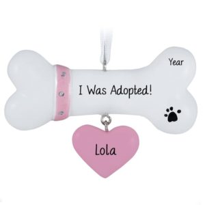 Personalized Adopted Dog Bone Dangling PINK Heart Ornament