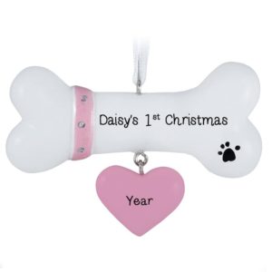 Personalized Dog's 1st Christmas Bone Dangling PINK Heart Ornament