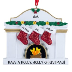 Image of Family Of 3 Glittered Stockings On WHITE Fireplace Ornament