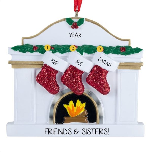 Three Sisters Glittered Stockings On WHITE Fireplace Ornament