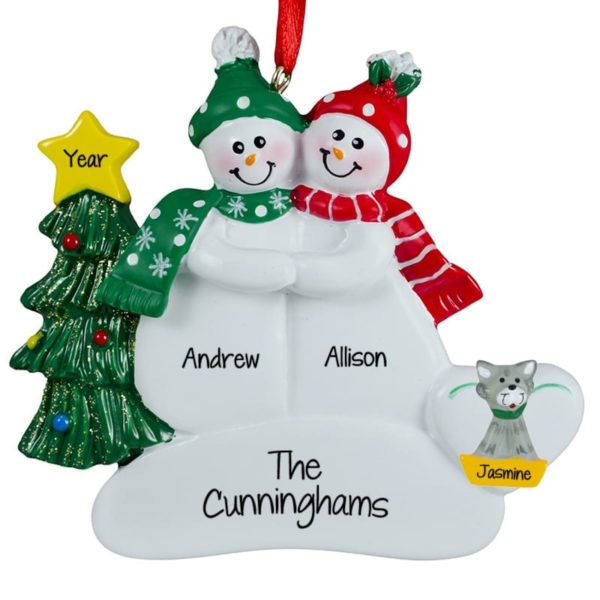 Personalized Snow Couple With Cat Beside Glittered Tree Ornament