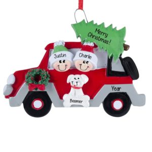 Gay / Lesbian Couple + Dog Christmasy Car Ornament
