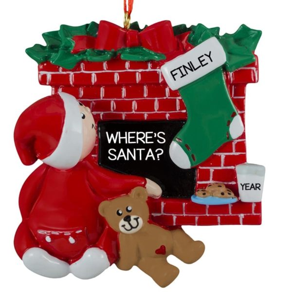 Image of Baby Waiting For Santa By Fireplace Ornament