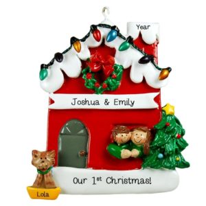New Home Couple With Cat Lights Ornament BRUNETTES